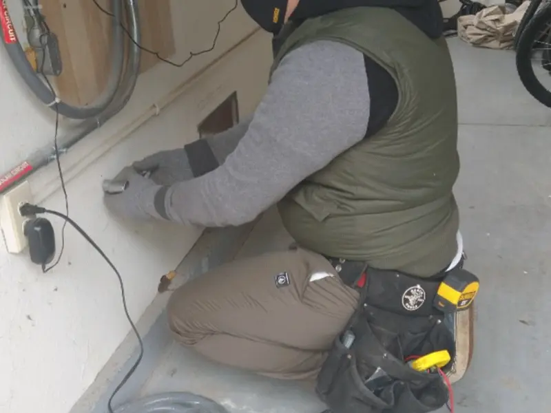 Electrician performing outlet wiring in a Phenix City garage